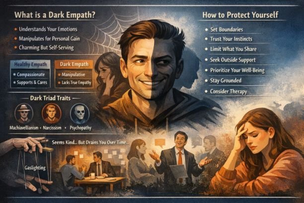 Illustration showing a dark empath using emotional intelligence to manipulate others, with visual contrasts between healthy empathy and dark empathy, signs like gaslighting and control, and guidance on setting boundaries and protecting emotional well-being in relationships.