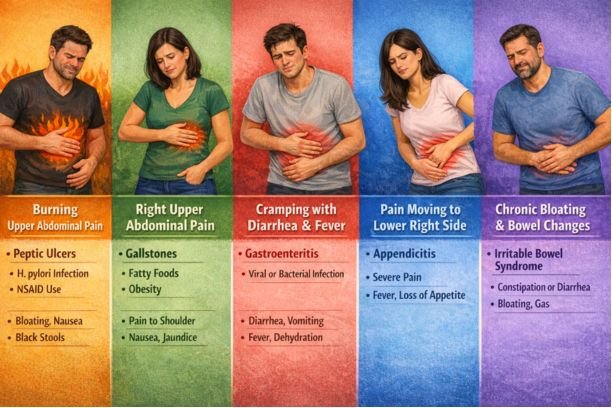 Illustration showing five types of stomach pain in adults, including burning upper abdominal pain, right upper abdominal pain from gallstones, cramping with diarrhea and fever, lower right abdominal pain linked to appendicitis, and chronic bloating with bowel changes caused by irritable bowel syndrome.
