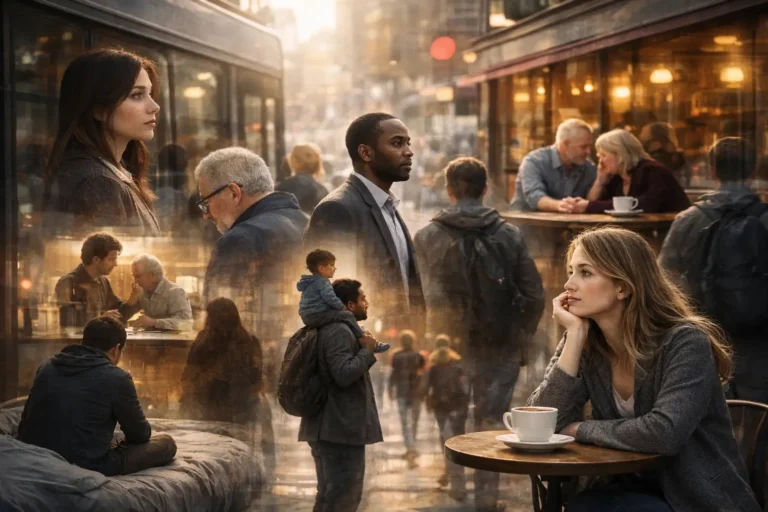 A realistic city scene illustrating the concept of Sonder, showing people going about their day— a woman sitting at a café table with a cup of coffee, a man carrying a child on his shoulders, and others walking or sitting in the street. Each person appears lost in thought, reflecting the idea that everyone has their own complex inner life.