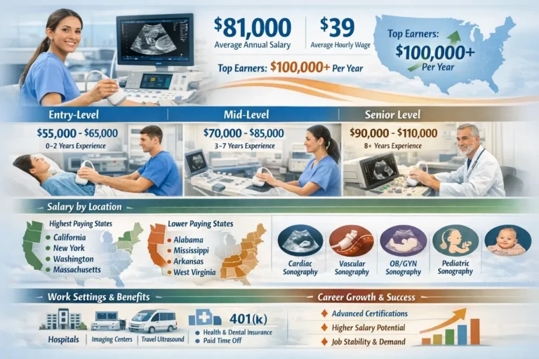 infographic showing ultrasound tech salary in the USA, with a sonographer performing an ultrasound exam, average annual salary of $81,000, hourly wage of $39, salary ranges by experience level, highest and lowest paying states on a US map, popular specializations like cardiac and OB/GYN sonography, and common work settings and benefits.