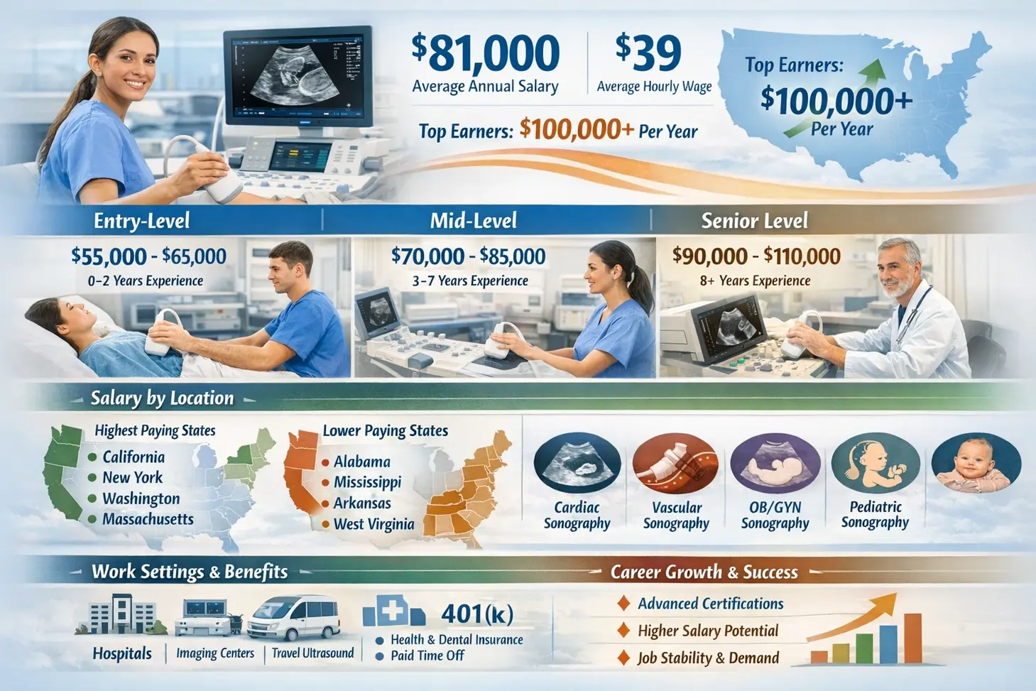 infographic showing ultrasound tech salary in the USA, with a sonographer performing an ultrasound exam, average annual salary of $81,000, hourly wage of $39, salary ranges by experience level, highest and lowest paying states on a US map, popular specializations like cardiac and OB/GYN sonography, and common work settings and benefits.