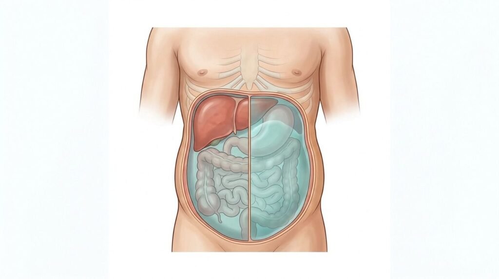 Medical illustration showing abdominal swelling associated with ascites.