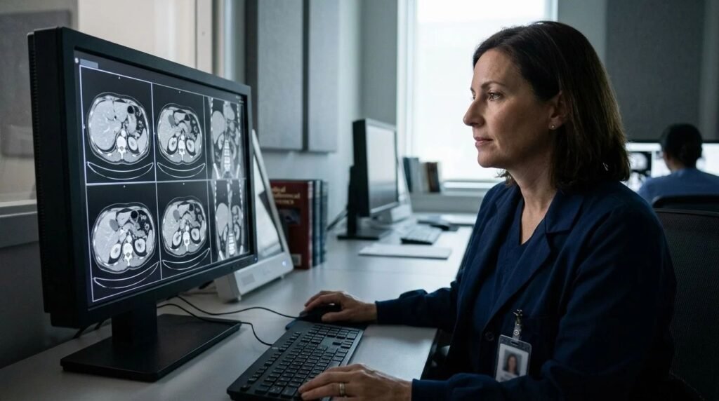Radiologist reviewing abdominal CT scan images during a liver evaluation.