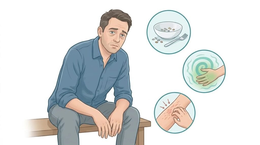 Illustration of possible early symptoms associated with liver cirrhosis.