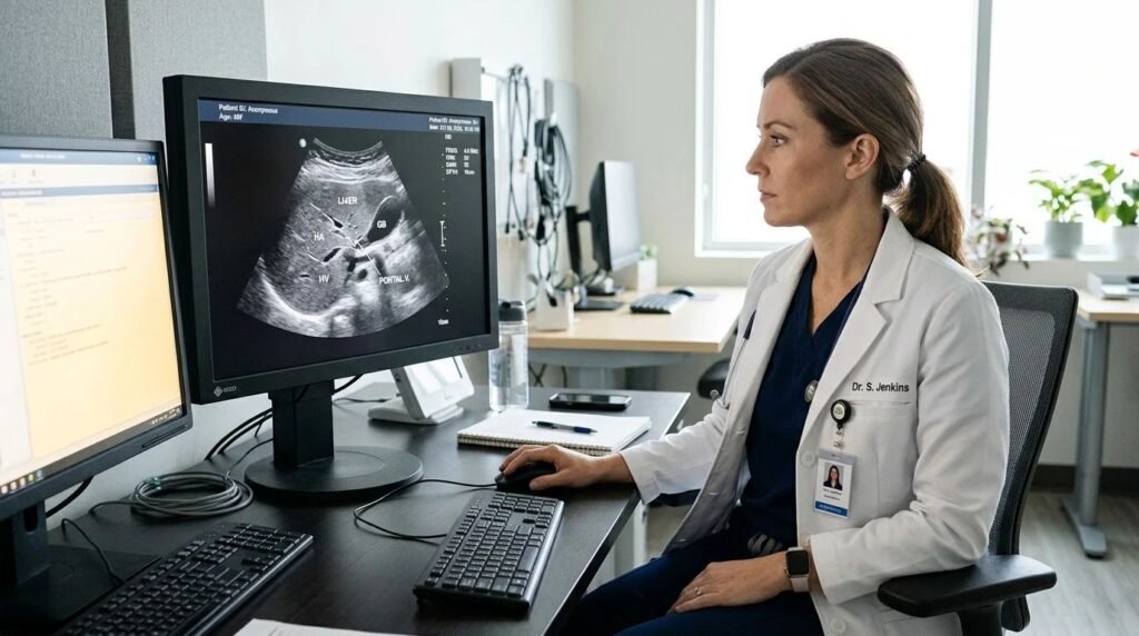 Doctor reviewing liver imaging during an evaluation for liver disease.